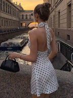 Polka Dot Elegant Off Shoulder Sleeveless Backless High Waist Halter Mini Dress Y2K Summer Fashion Club Party Vestidos - Matrix-studios.com