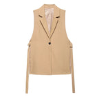Willshela Women Fashion Solid Lace Up Vest V-Neck Single Button Sleeveless Jackets Female Chic Lady Outfit Tank Tops - Matrix Studios