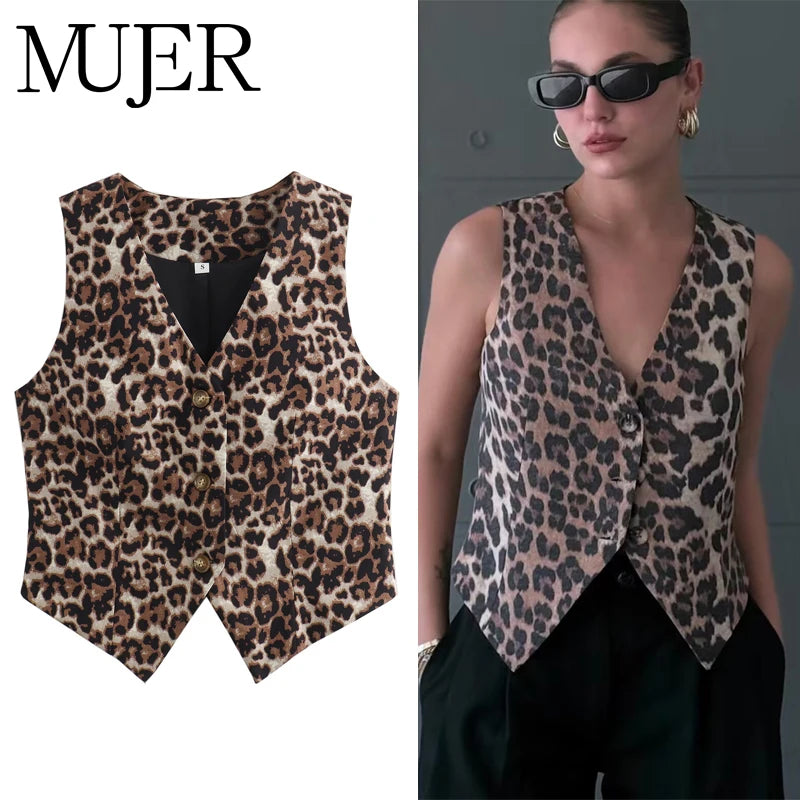MUJER Leopard Print Vests for Women Waistcoat Cropped Sleeveless Vest Woman Fashion Short Jacket Women Streetwear Women's Coats - Matrix Studios