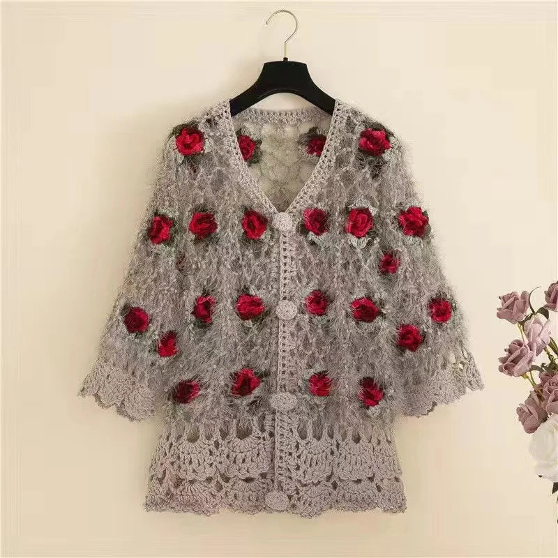 Three-Dimensional Flower Openwork Crocheted Sweater Cardigan Women's Spring And Autumn New Heavy Industry Joker Sweater 3XL Coat - Matrix Studios