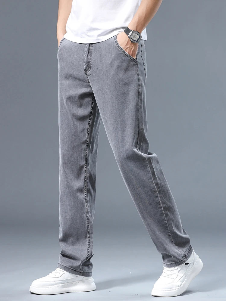 Summer Thin Men's Loose Straight Jeans Lyocell Soft Drape Business Casual Trousers Classic Smoke Gray Brand Ice Silk Pants - Matrix Studios