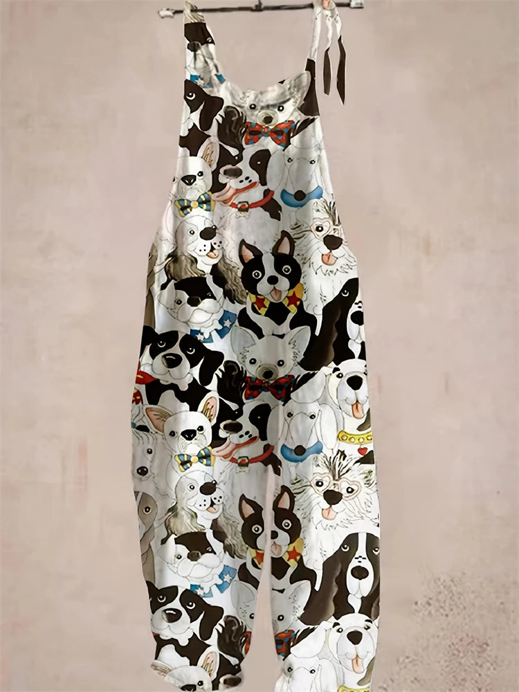 New Summer Women's Jumpsuit Cartoon Dog Print Fashion Cute Casual Jumpsuit Women's Parent-Child Outdoor Travel Lace-Up Jumpsuit - Matrix Studios
