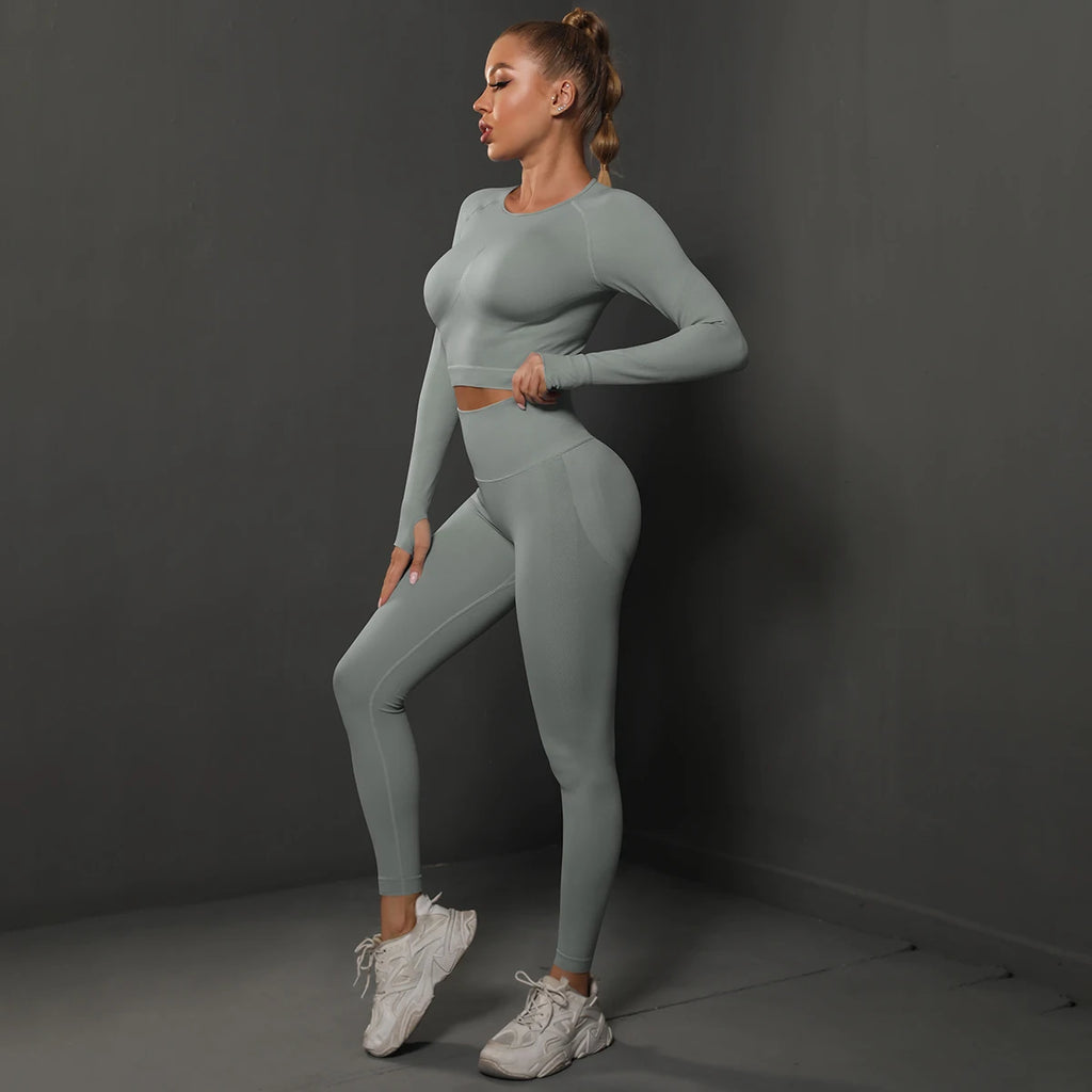 2Pcs Women Sets Energy Seamless Gym Suits Bubble Butt Sports Pants+Long Sleeve Shirts Push Up Running Sets Tracksuits Tights Set - Matrix-studios.com