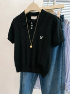 AOSSVIAO Cute Bow Embroidery Short Sleeve Tops 2026 Summer New Women Gray Knitted Polo neck T-shirt Trendy Versatile Casual Tee - Matrix-studios.com