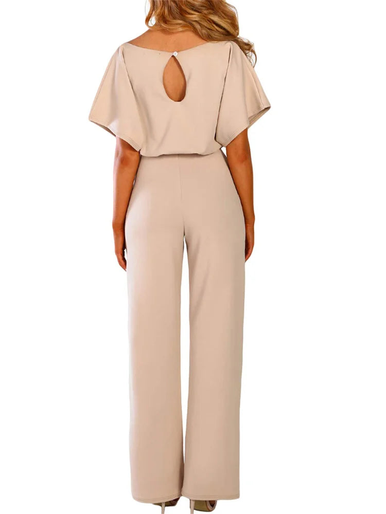 Women Jumpsuits Elegant Solid Color Flare Short Sleeve Waist Tie Wide Leg Pants Romper Summer Streetwear - Matrix Studios