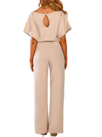 Women Jumpsuits Elegant Solid Color Flare Short Sleeve Waist Tie Wide Leg Pants Romper Summer Streetwear - Matrix Studios