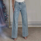 Jeans for Women Straight Diamonds Pants Stretch High Waist Washed Mom Jeans Vintage Denims Streetwear Y2k Streetwear Trousers - Matrix-studios.com