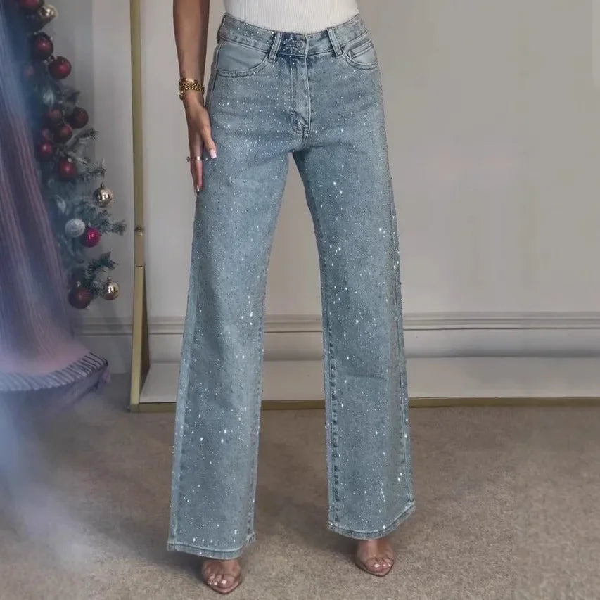 Jeans for Women Straight Diamonds Pants Stretch High Waist Washed Mom Jeans Vintage Denims Streetwear Y2k Streetwear Trousers - Matrix-studios.com
