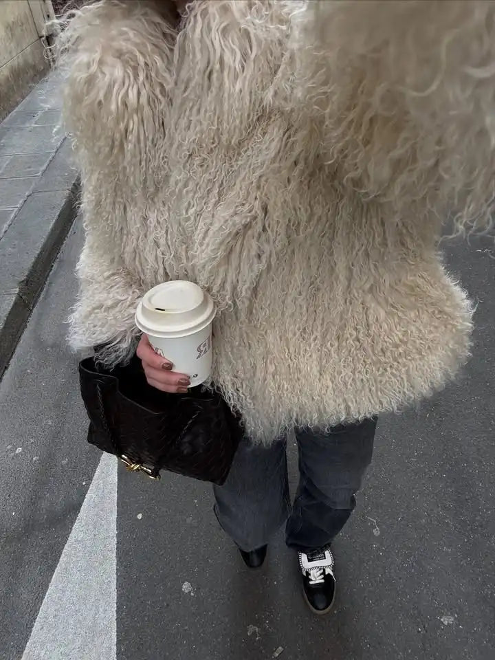 Solid Fluffy Woolen Faux Fur Jacket Women Fashion Turn Down Collar Long Sleeve Loose Coats Lady Winter Daily Street Outwears - Matrix Studios