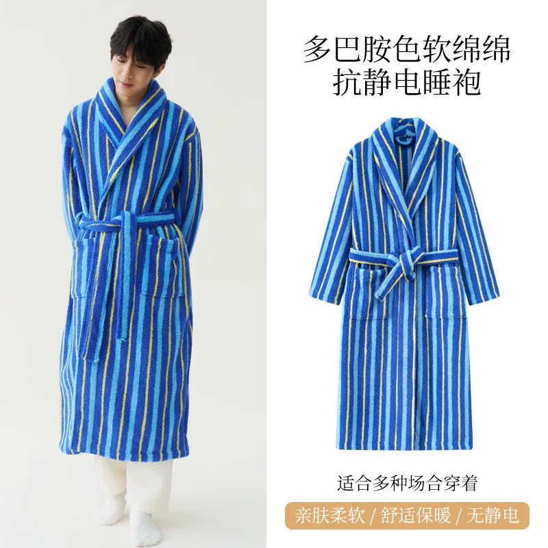 2025 New Autumn/Winter Women's Sleepwear Thick Velvet Warm Robe Couple Coral Velvet Striped Lengthed Home Clothes Bathrobe - Matrix-studios.com