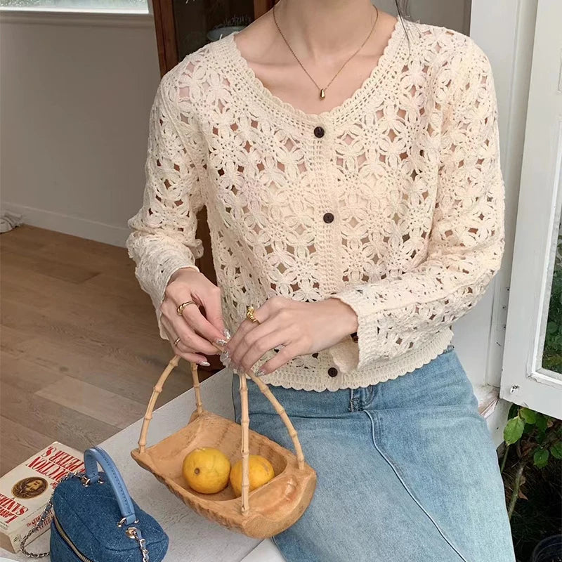 Long Sleeve Crochet Top for Women Sheer Button Up Hollow Out Openwork Knit Cardigan Jacket Spring Summer Boho Vacation Outfit - Matrix Studios