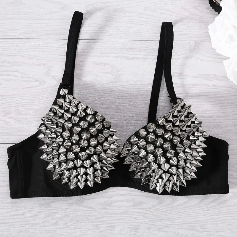 Silver Rivets Punk Rave Bralette Lingerie Gothic Bra Top Sexy Push Up Brassiere Nightclub Party Bar Fashion Hot Bras for Women - Matrix Studios