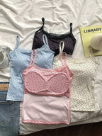 Elegant Lace Flower Print Slim Sexy Vest Floral Tops One Size Tank Spring Sweet Bowknot Style T-Shirt Casual Crop Top Summer - Matrix-studios.com