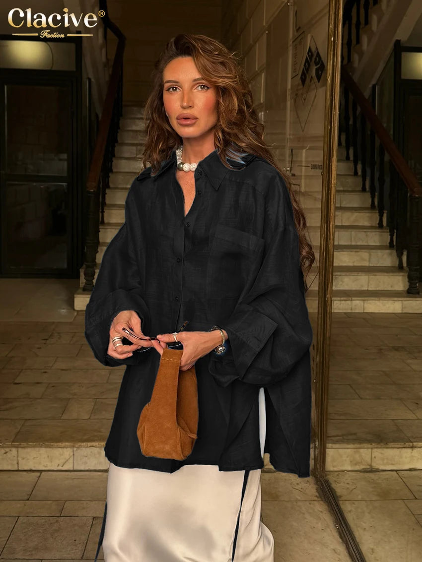 Clacive Fashion Loose Blue Women's Blouse 2025 Sexy Lapel Long Sleeve Shirt Elegant Classic Solid Blusas Tops Female Clothing - Matrix-studios.com