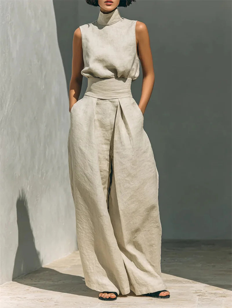 Women Summer Fashion Casual Loose Solid Suit Cotton Linen Set Sleeveless Tops Wide Leg Pants Office Ladies 2 Piece Sets 2026