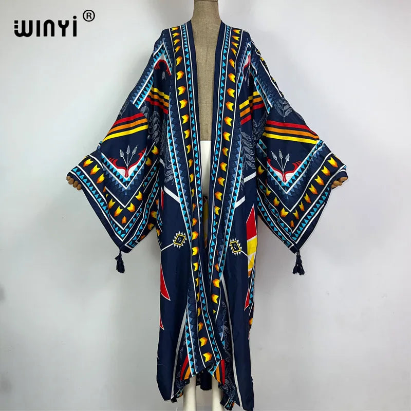 2023 WINYI New Cotton Feeling Bikini Cover-ups Bohemian Print Front Open Long Kimono Kaftan Beach Cover Ups for Swimwear Dresses - Matrix Studios
