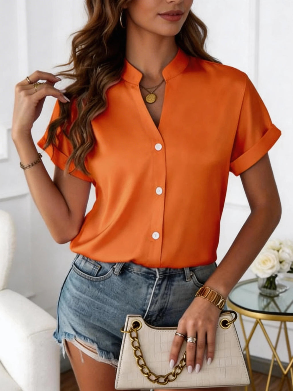 European Style Simple V-Neck Blouse for Women - Summer Short-Sleeved Loose-Fitting Slimming Professional Business Shirt - Matrix-studios.com