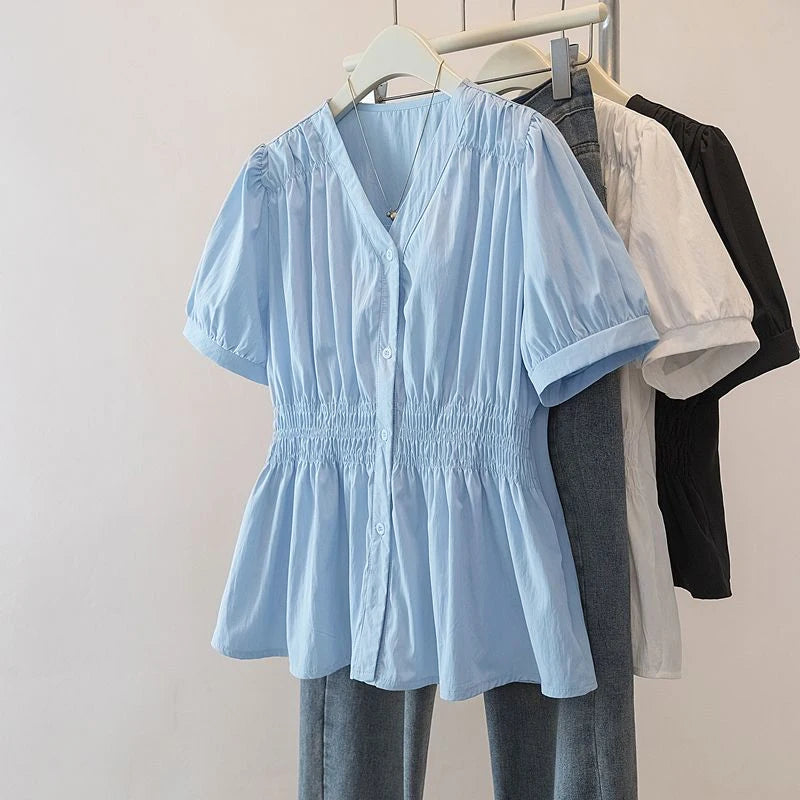 200 Pounds Plus Size Elastic Waist Office Lady Trend Shirt And Blouse Solid Color Top Women Clothing V-neck French Chic Basics - Matrix-studios.com