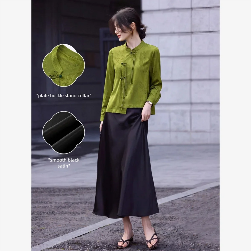 VIMLY New Chinese Style Women's Two-piece Set Autumn 2026 Long Sleeve Top Satin Midi Skirt Elegant Fashion Matching Outfit 31785 - Matrix-studios.com
