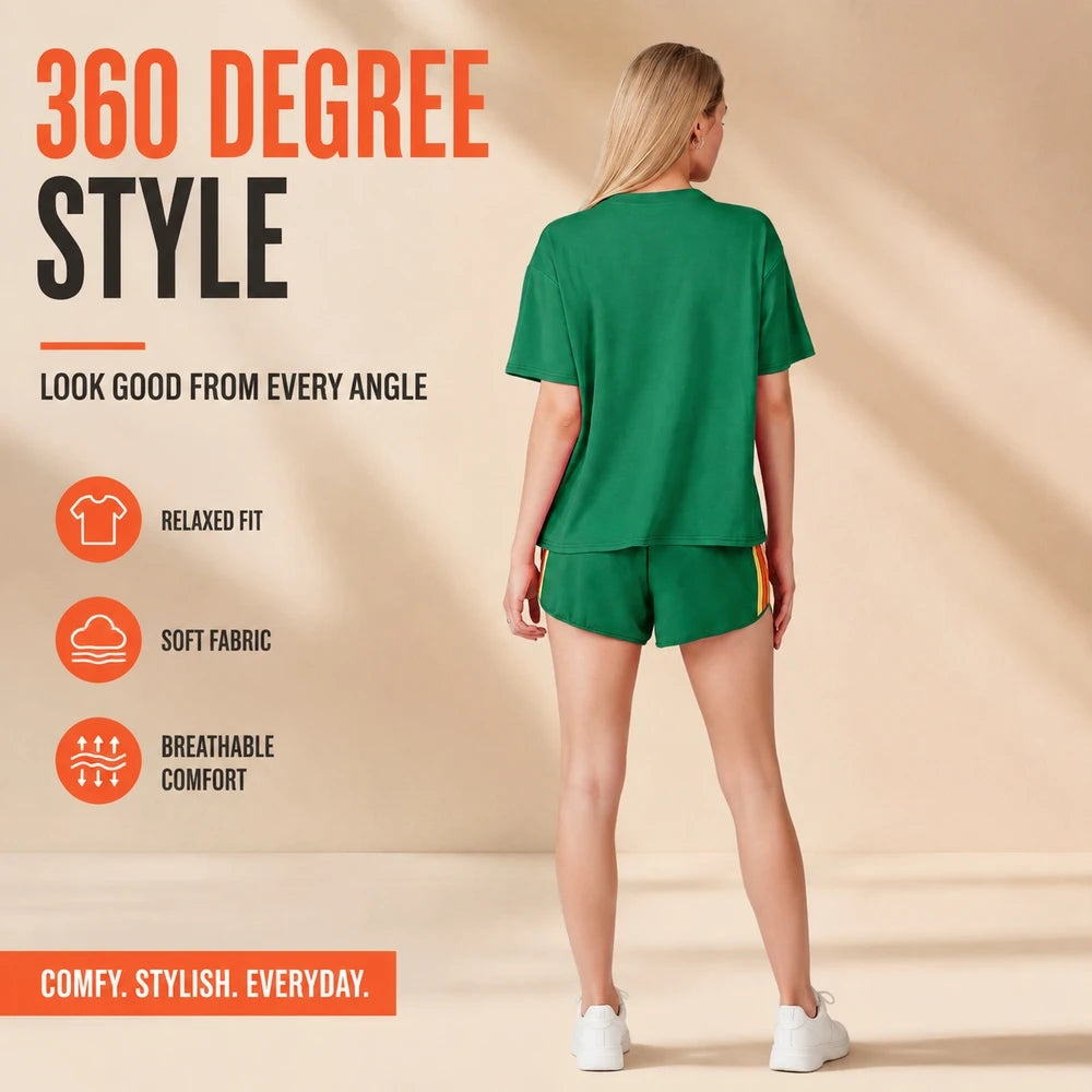 Women's 2 Piece Tracksuit Set Short Sleeve Crew Neck T Shirt and Elastic Waist Shorts Retro Rainbow Striped Casual Athletic Wear Matching Outfit Relaxed Fit for Gym Running Daily Streetwear Summer Spring