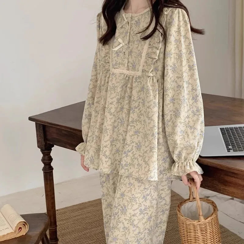 Four Seasons Can Wear Korean Style Floral Women's Pajamas Tops and Pants Summer Student Sleepwear Homewear Girl Sweet Nightwear - Matrix-studios.com