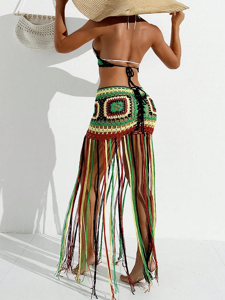 Women Summer Crochet Halter Deep V Neck Cover Ups Multicolor Swimsuit Long Tassel Bikini Knit Dress Cover-Ups Backless Beachwear - Matrix Studios