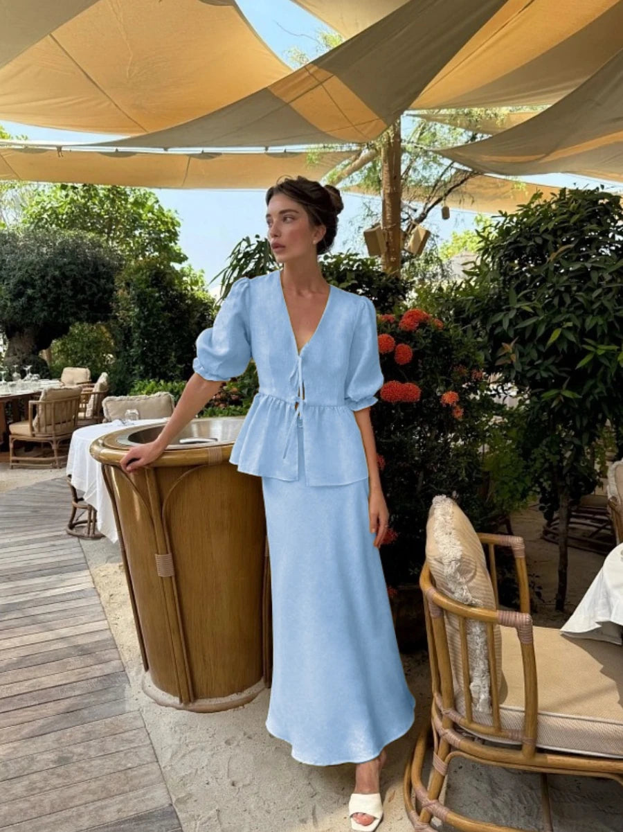 Bornladies 2025 Summer Women's 100% Cotton V-Neck Lace-Up Bubble Sleeve Shirt  Long Skirt Set Loose Casual Two-Piece Suit - Matrix-studios.com