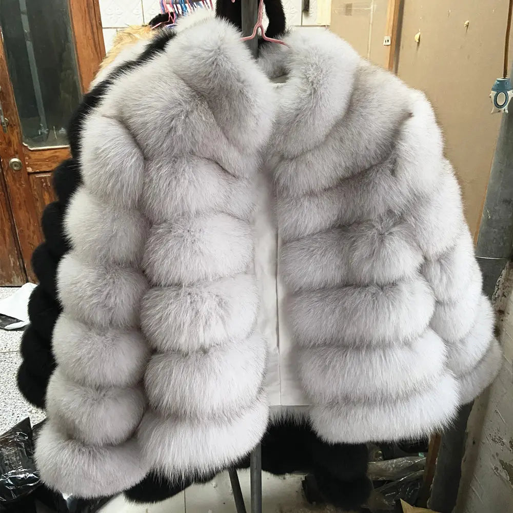 QUEENTINA Winter New Women's Cold Real Fox Fur Coat With Collar Especially Overcoat Leather Female Natural Plus Size 2023 Luxury - Matrix Studios