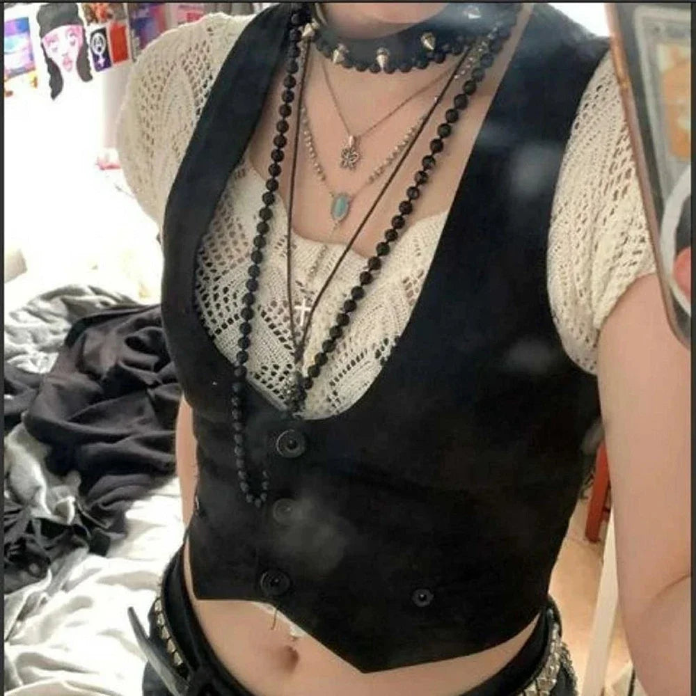 Combhasaki Y2K Vintage Women's Solid Color Irregular Hem Crop Vest Button-down U-shaped Neck Aesthetic Grunge Waistcoat Tops - Matrix Studios