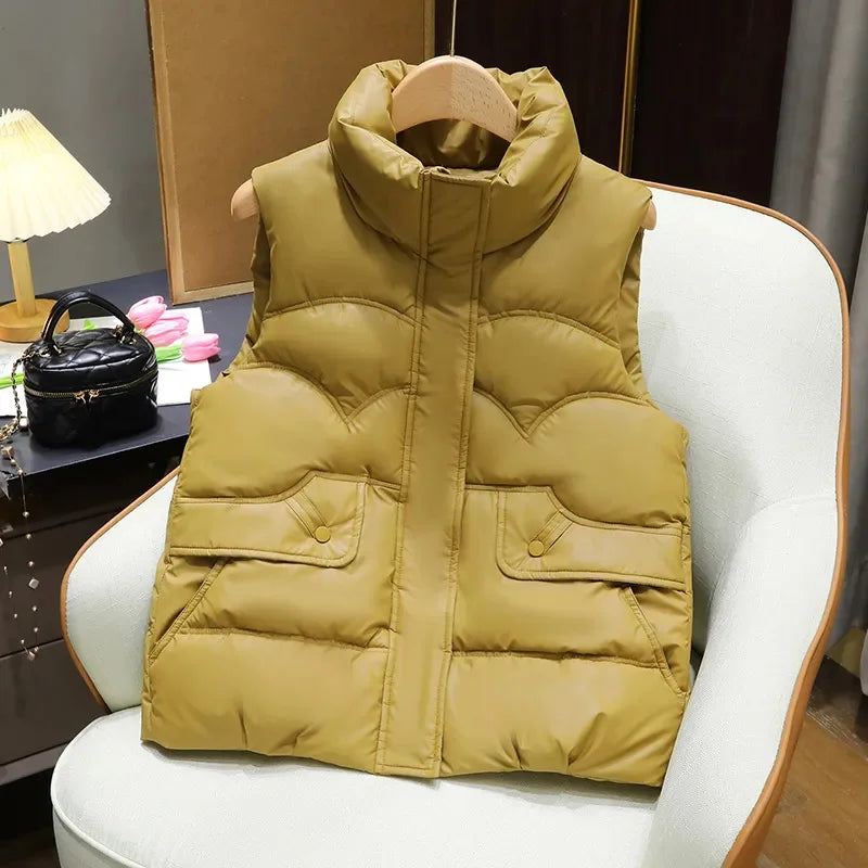 Down Cotton Vest Women 2025 New Autumn Winter Fashion Stand Collar All-Match Warm Sleeveless Waistcoat Jacket Ladies Female Tops - Matrix Studios