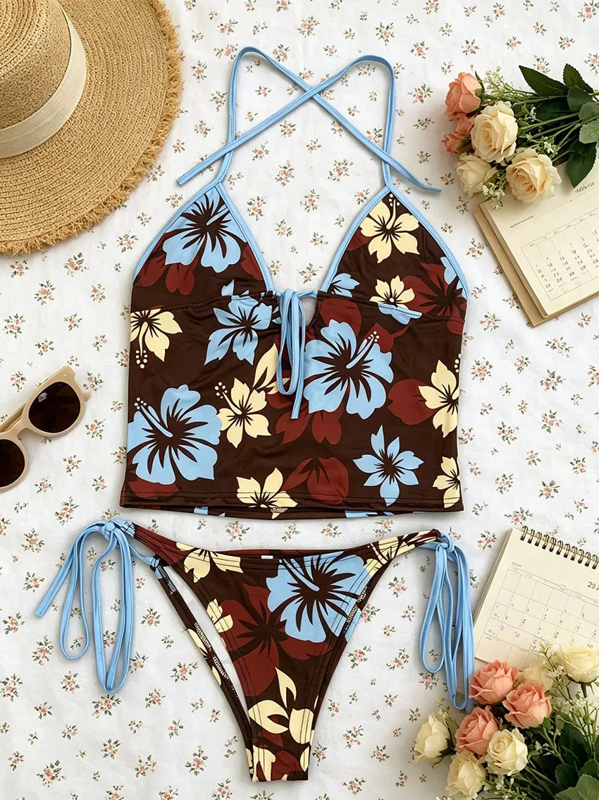 Vintage Y2K Ladies Flower Tankini Swimsuit Halter Neck Self Tie Front Top Matching Side Tie Bikini Bottom Two Piece Beach Outfit - Matrix-studios.com