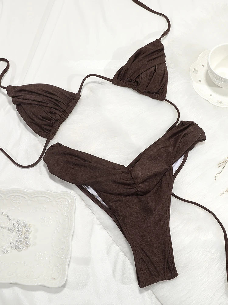 Sexy Folds Bikini Set Solid Micro Bikinis Women Swimsuit Female Triangle Swimwear Beach Wear Bathing Suit - Matrix-studios.com