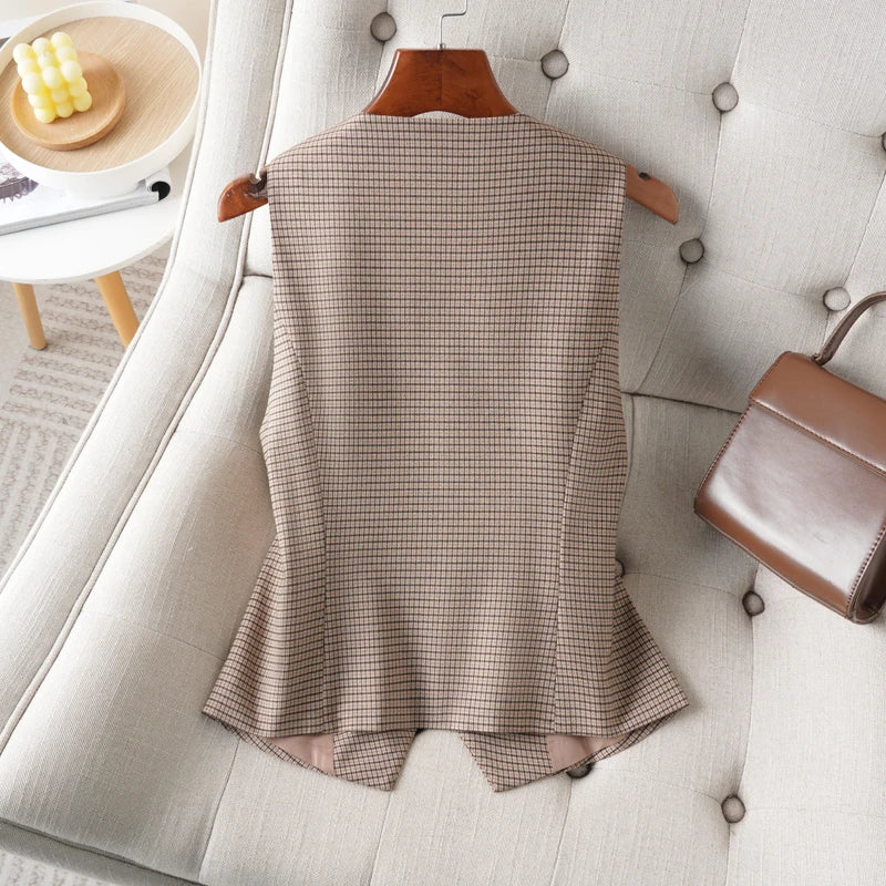 Checkered Short V-Neck Single Breasted Vest for Women in Spring and Autumn Fashionable and Slimming for the Workplace Interior a - Matrix Studios