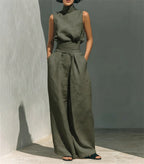 Women Summer Fashion Casual Loose Solid Suit Cotton Linen Set Sleeveless Tops Wide Leg Pants Office Ladies 2 Piece Sets 2026