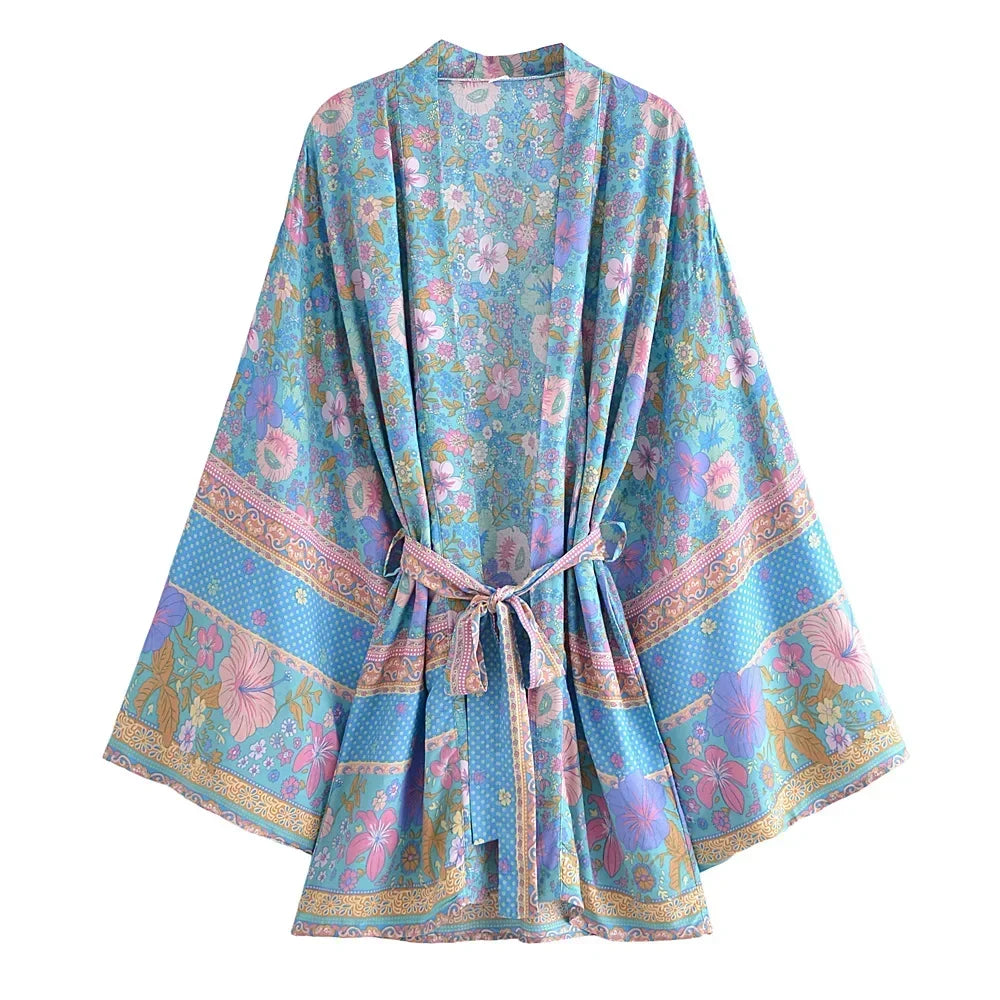 Happie Queens Women Floral Print Sashes Bat Sleeve Beach Bohemian Kimono Dresses Ladies V Neck  Summer Bikini Boho Cover-ups - Matrix Studios