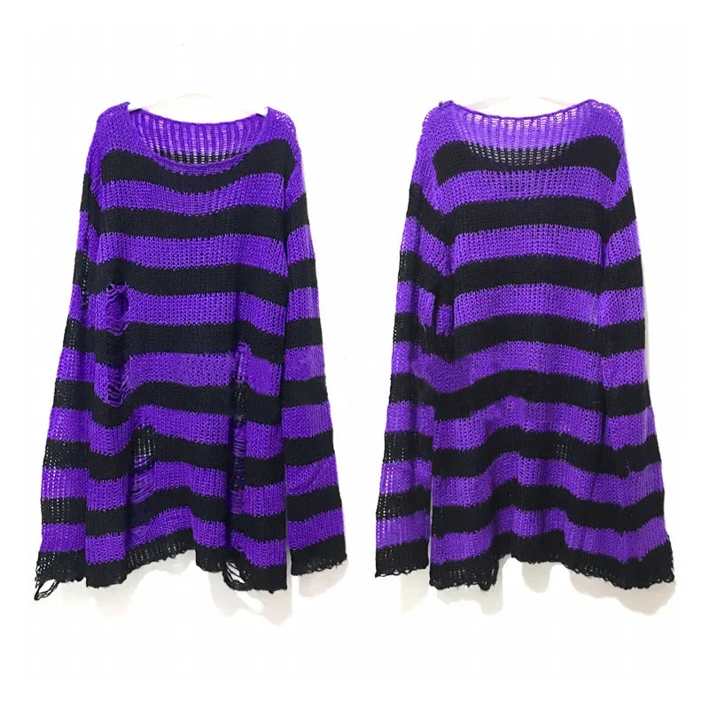 New Streetwear Top Punk Gothic Long Unisex Sweater Summer Women Striped Cool Hollow Out Hole Broken Jumper Loose Rock Thin Dark - Matrix Studios