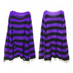 New Streetwear Top Punk Gothic Long Unisex Sweater Summer Women Striped Cool Hollow Out Hole Broken Jumper Loose Rock Thin Dark - Matrix Studios