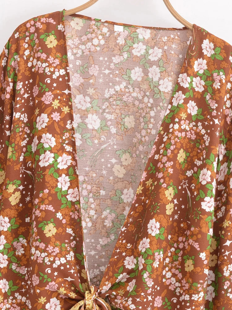 Boho Queens Women Wild Star and Moon Floral Beach Summer Short Kimono Ruffles Flare Sleeve Vacation Bohemian Bikini Cover-ups - Matrix Studios