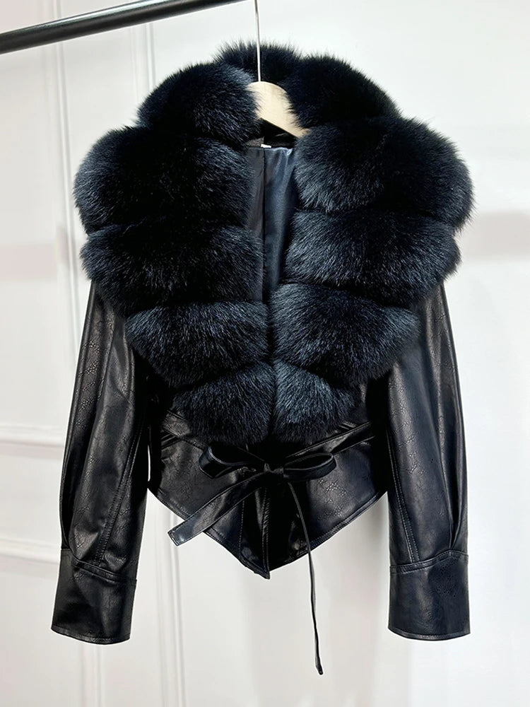 Janveny Huge Big Natural Fox Fur 2025 New Autumen Winter Pu Faux Leather Jacket Women Casual Female Lapel Zipper Motorcycle Coat - Matrix Studios