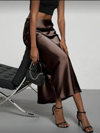 Women's Satin Midi Skirt, High‑waisted Slim Straight, Elegant Draping, Mature Versatile for Commute, Vacation & Parties - Matrix-studios.com
