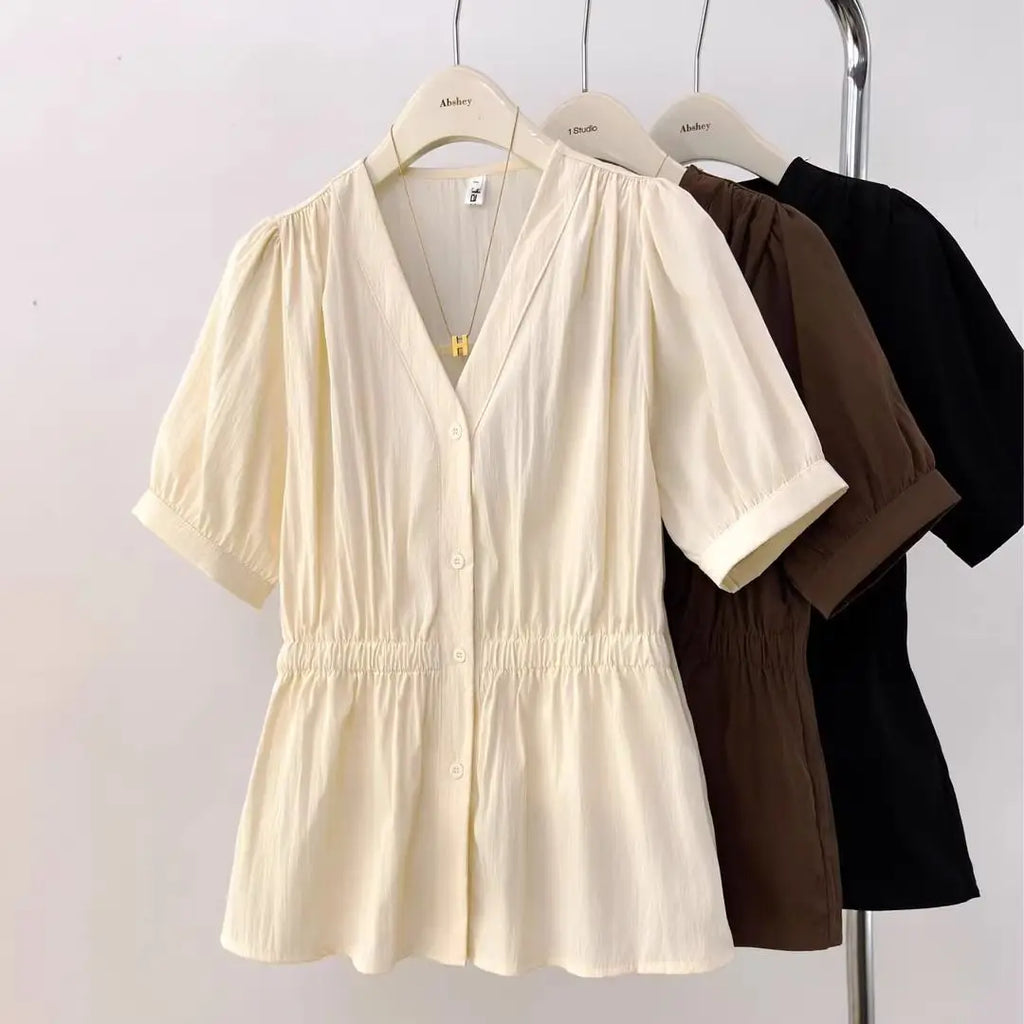 200 Pounds Plus Size Elastic Waist Office Lady Trend Shirt And Blouse Solid Color Top Women Clothing V-neck French Chic Basics - Matrix-studios.com