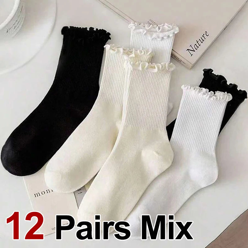 6/12 Pairs Women Solid Color Wavy Edge Mid Tube Socks Fashionable Sweet Style Breathable Comfortable Spring Summer Casual Socks - Matrix Studios