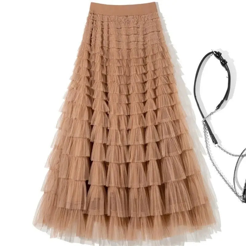 Sweet Layered Cake Me Skirt Elastic Waist Princ Long Dr Korean Sle High Waist Polyester Fabric Mid-Length Skirt - Matrix-studios.com