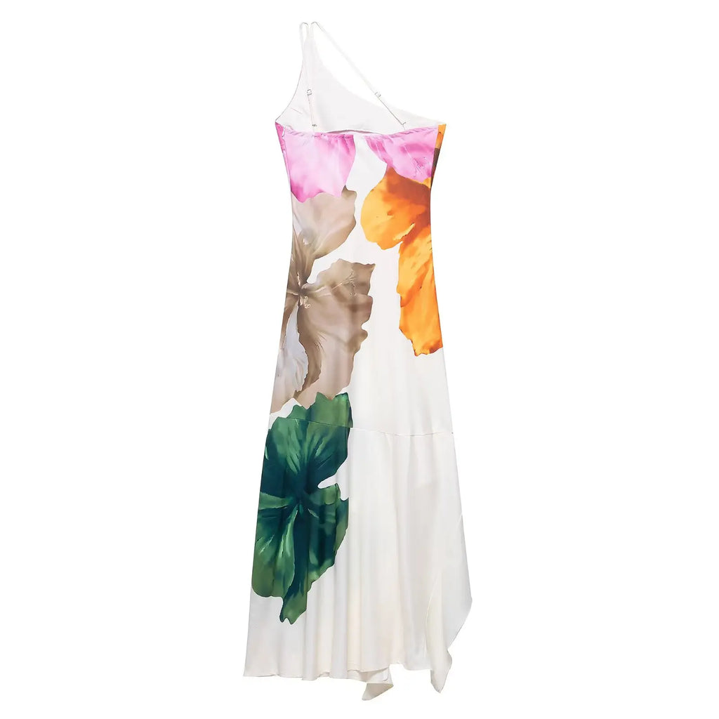 Zevity Women Sexy Single Shoulder Floral Print Slim Long Dress Female Chic Backless Side Zipper Brand Party Vestidos DS9198 - Matrix-studios.com
