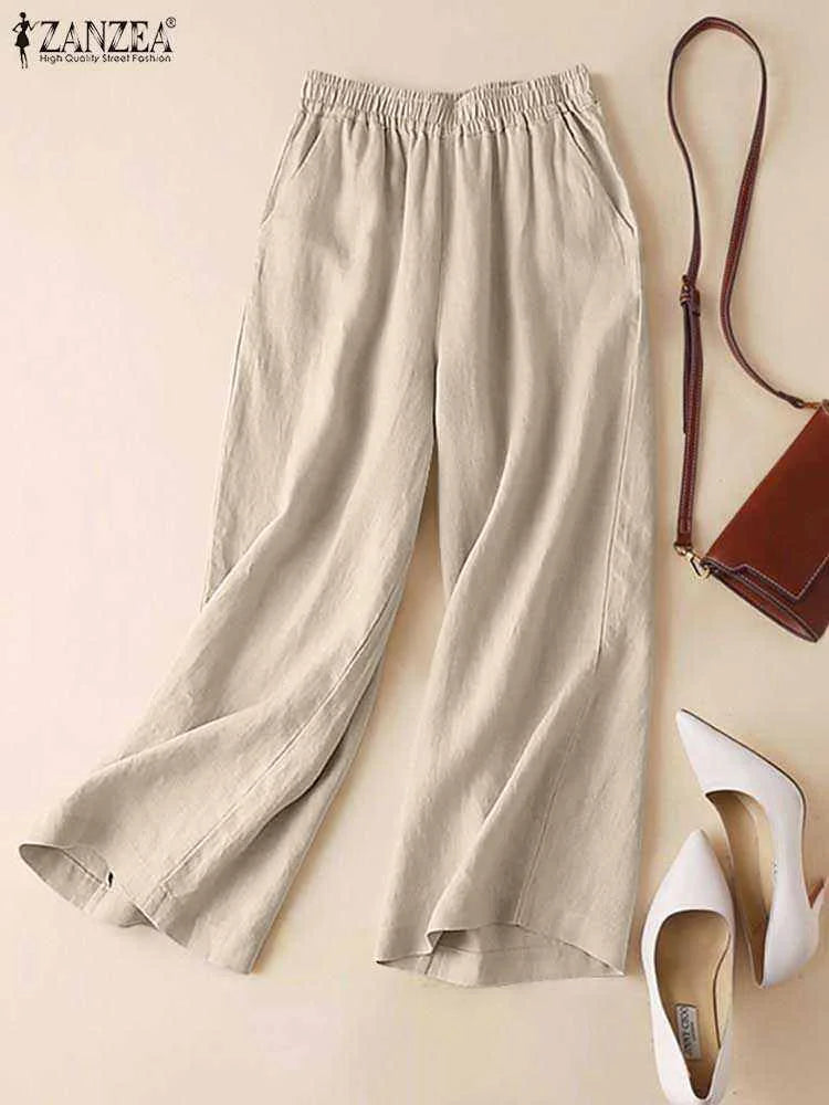 ZANZEA-Summer Women Pants Cotton Linen Elastic Waist Wide-Leg Trousers Casual Lightweight Solid Palazzo Pantalones Woman Bottoms