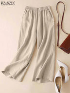 ZANZEA-Summer Women Pants Cotton Linen Elastic Waist Wide-Leg Trousers Casual Lightweight Solid Palazzo Pantalones Woman Bottoms