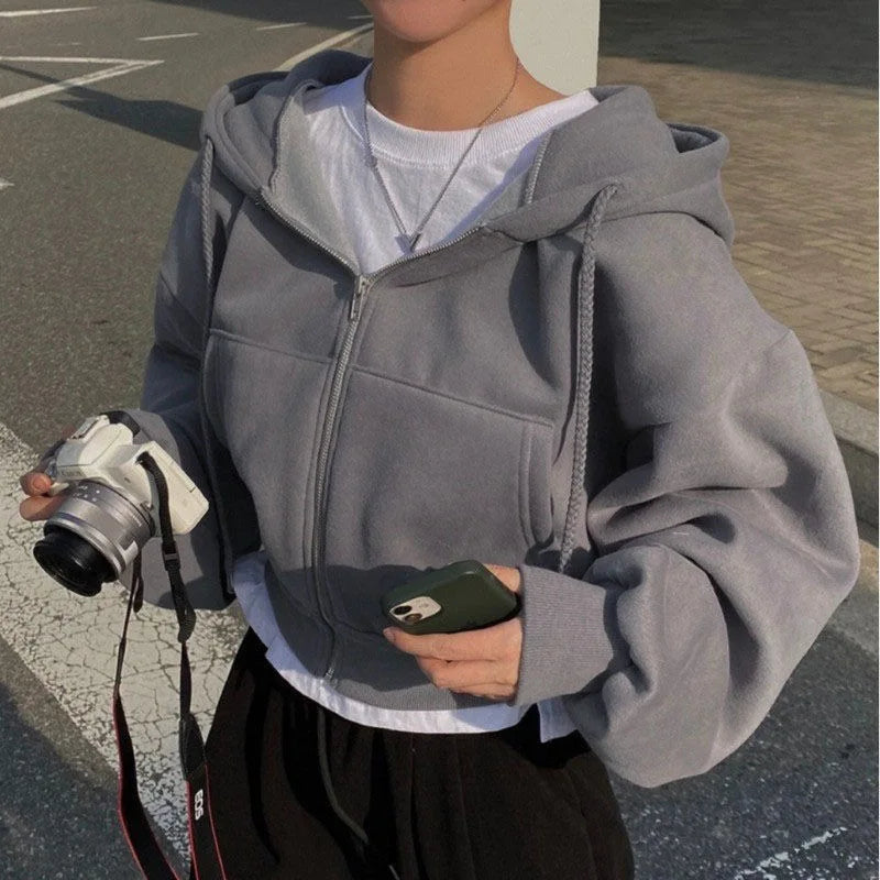 Autumn Winter Hooded Hoodies Women Casual Streetwear Zip Up Sweatshirts Long Sleeve Jackets Harajuku Y2K Crop Tops Hood Shirt - Matrix-studios.com