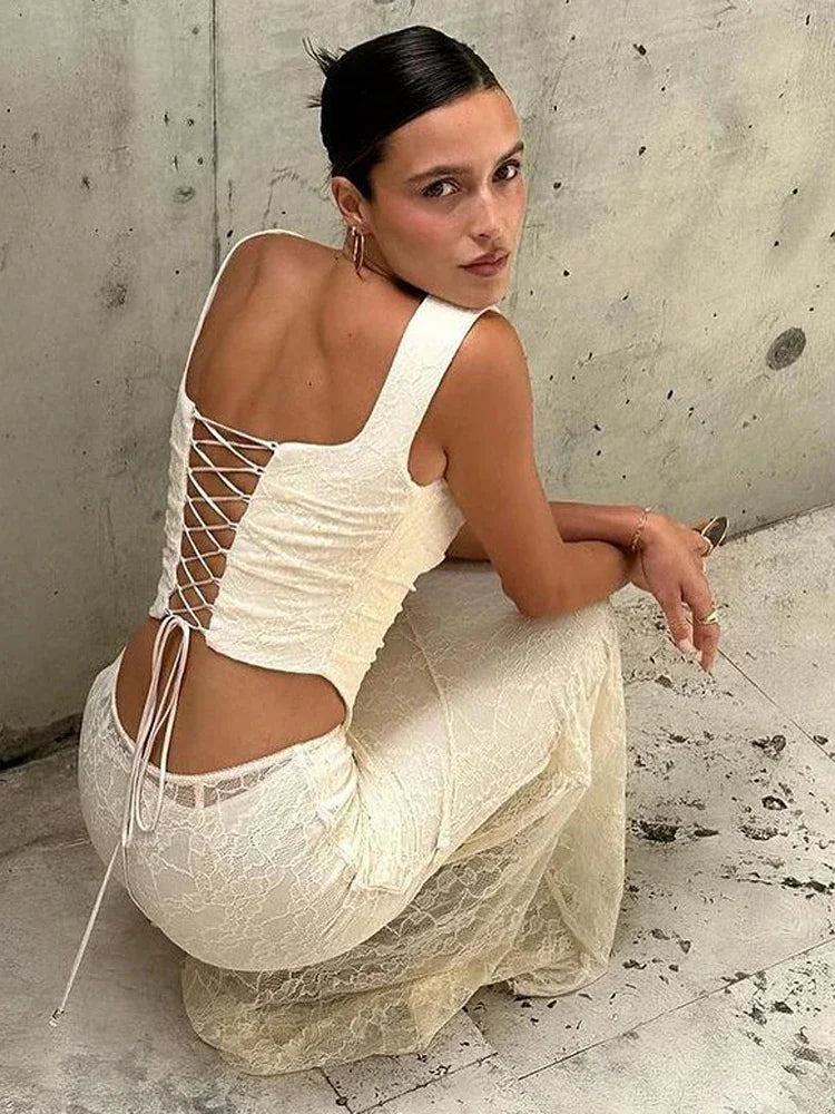 Lace Bandage 2 Piece-Set Long Skirt Female Patchwork Fashion Backless High Waist Elegant Lace-Up Maxi Skirt Sets Outfits - Matrix-studios.com