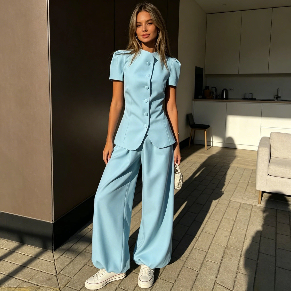 Women Pant Set Two Piece Sets Round Neck Short Sleeve Coats Tops Wide Leg Long Pants High Waist Y2k Streetwear Elegant 2026 - Matrix-studios.com