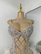 Luxury Women Sexy Shiny Crystal Feathers Hollow Out Bodysuit Nightclub Performance Dance Costume Nightclub Singer Stage Wear - Matrix Studios